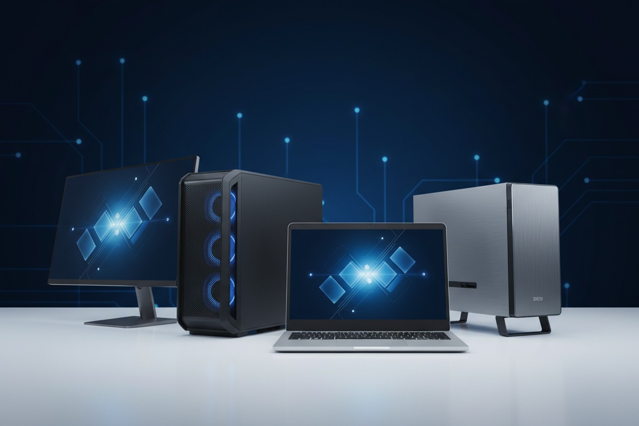 Un ordenador de sobremesa, un monitor, un ordenador portátil y una torre informática plateada se sitúan sobre una mesa frente a un fondo azul oscuro con líneas de circuitos brillantes.