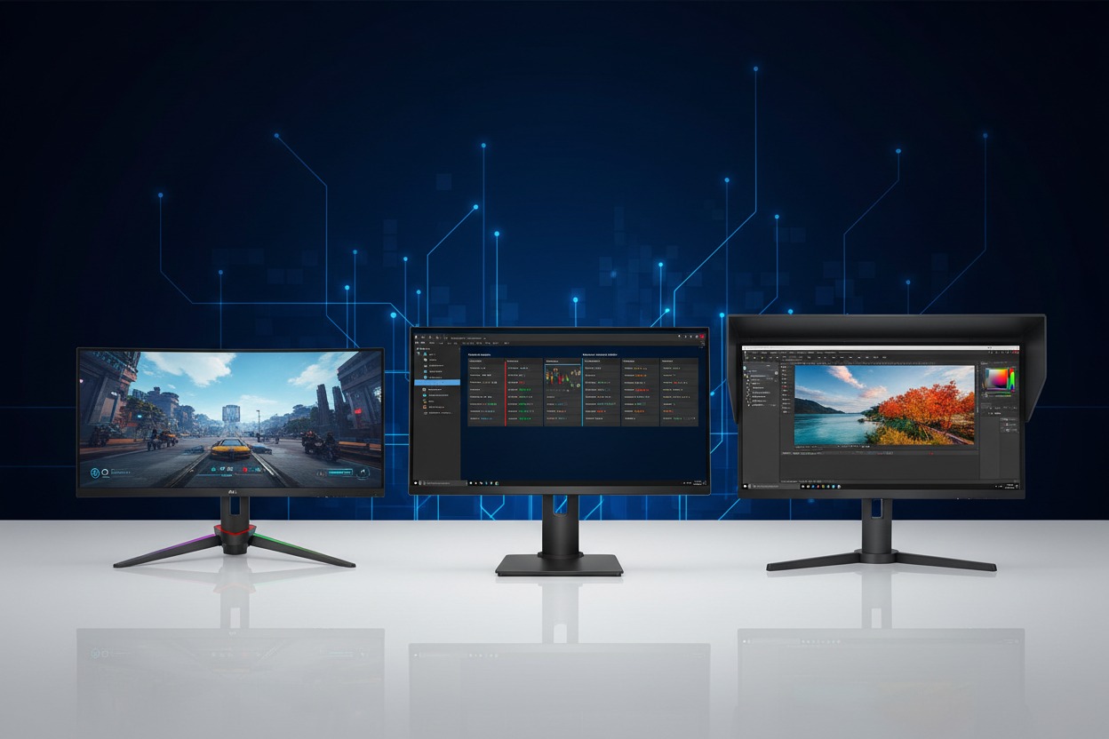 Tres monitores de ordenador diferentes sobre una mesa blanca con un fondo azul de circuitos digitales.