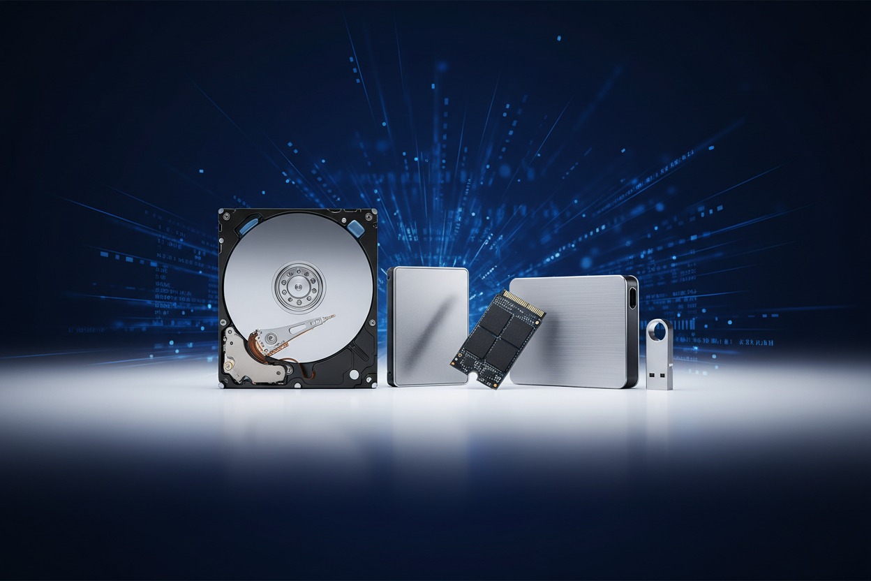 Varios tipos de dispositivos de almacenamiento, incluyendo un disco duro abierto y varios discos SSD, se alinean sobre una superficie brillante con un fondo digital azul.