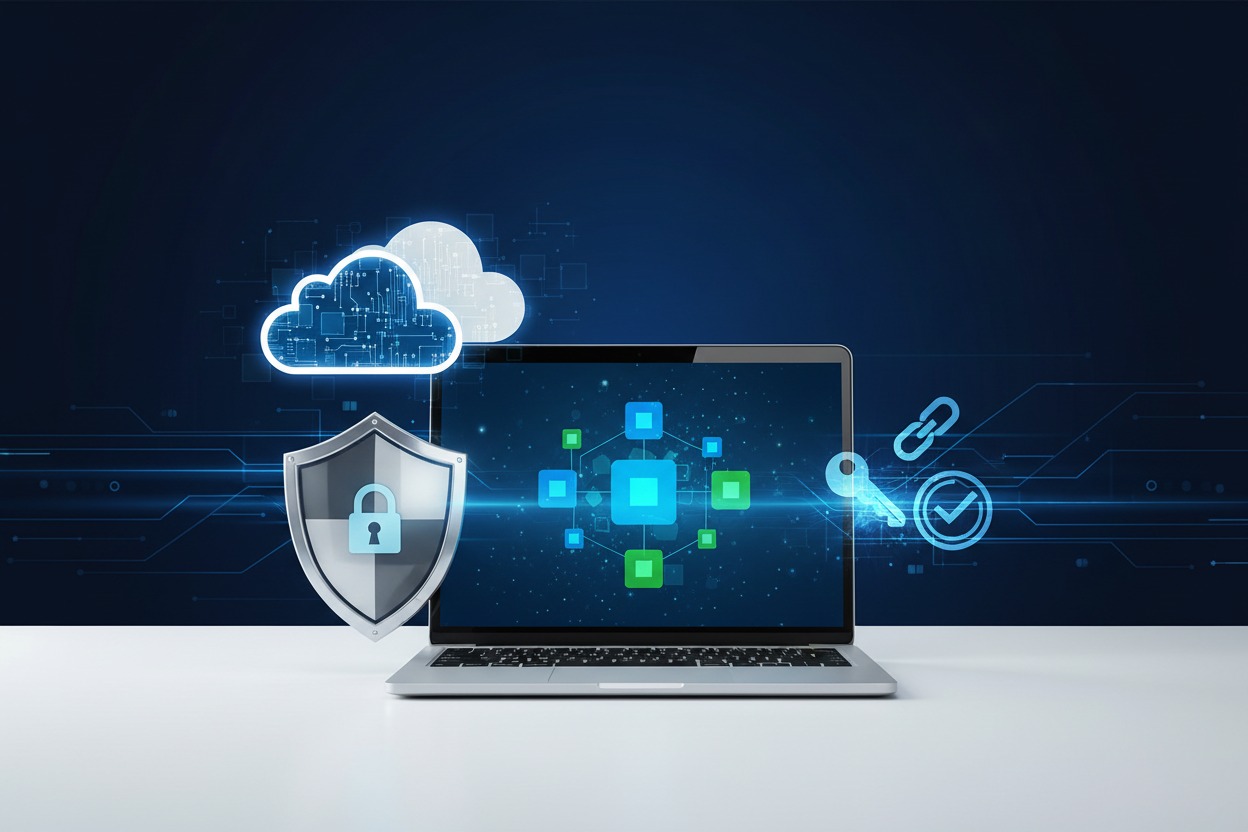 Un ordenador portátil en una mesa con iconos digitales flotantes de seguridad, una nube y un escudo con un candado sobre un fondo azul oscuro.