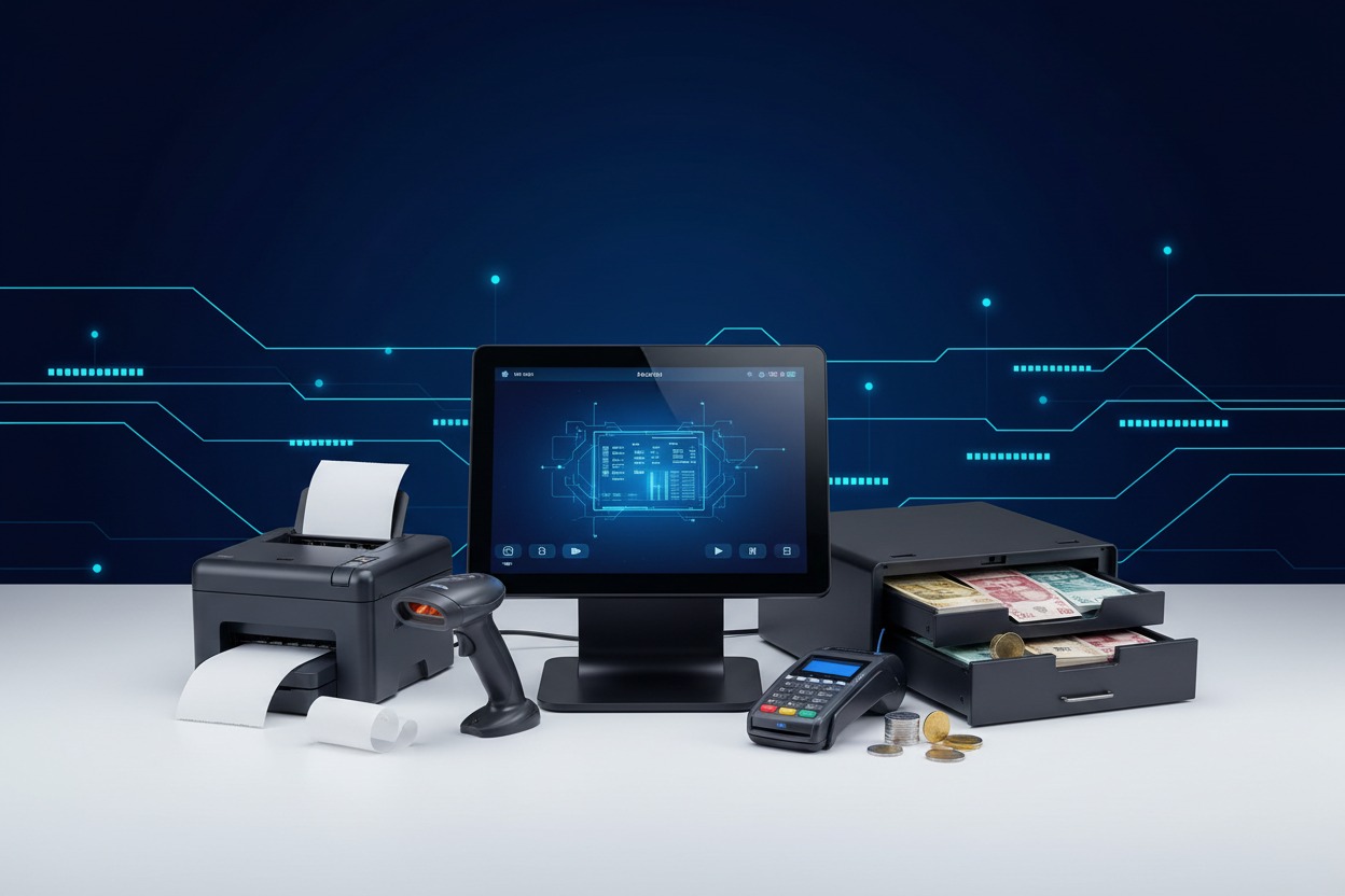 Sistema TPV moderno compuesto por una pantalla táctil, una impresora de tickets, un lector de códigos de barras, un datáfono y un cajón portamonedas abierto sobre un fondo azul tecnológico.