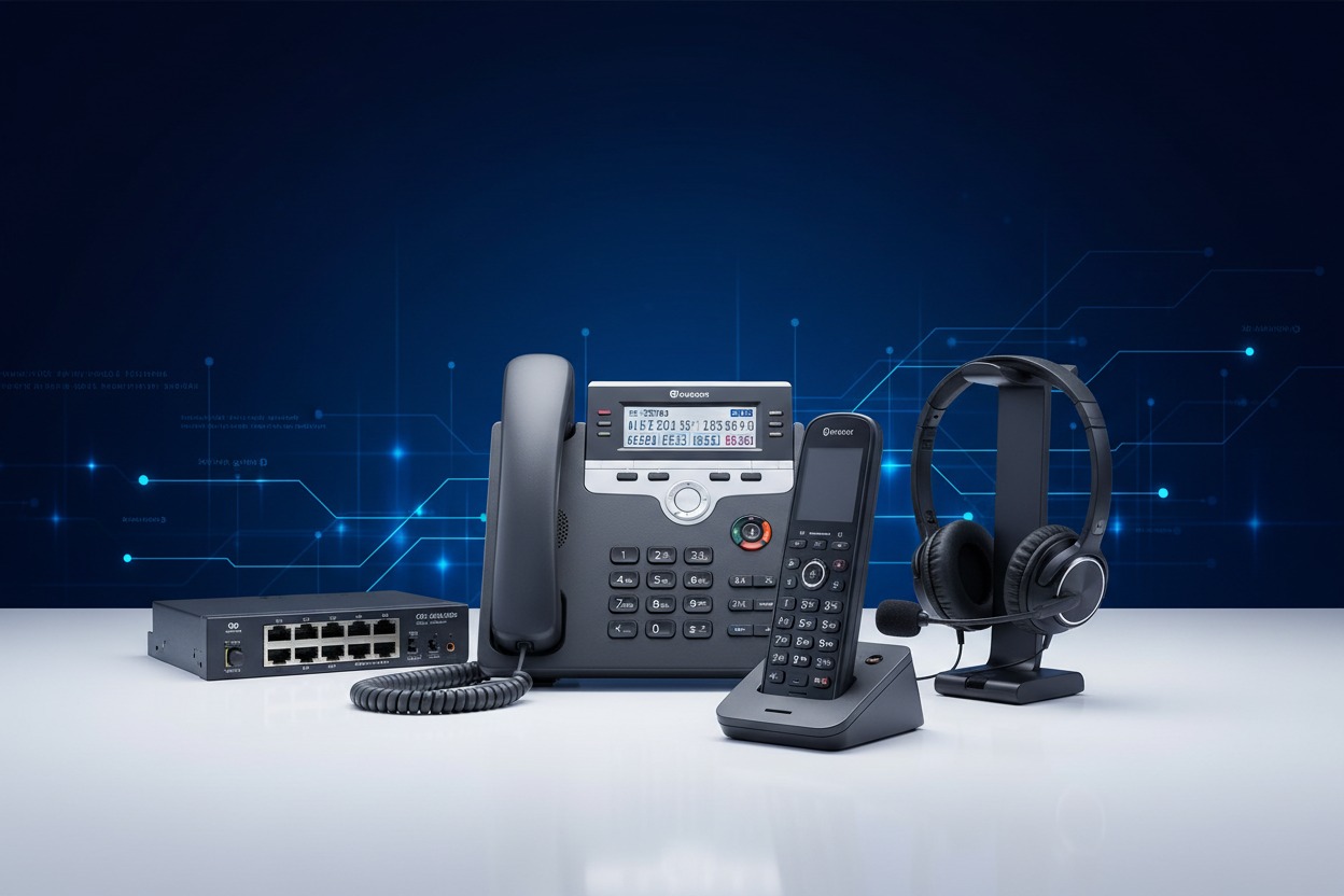 Un teléfono IP de escritorio, un teléfono inalámbrico con su base, unos auriculares con micrófono y un conmutador de red sobre una superficie blanca frente a un fondo azul digital.