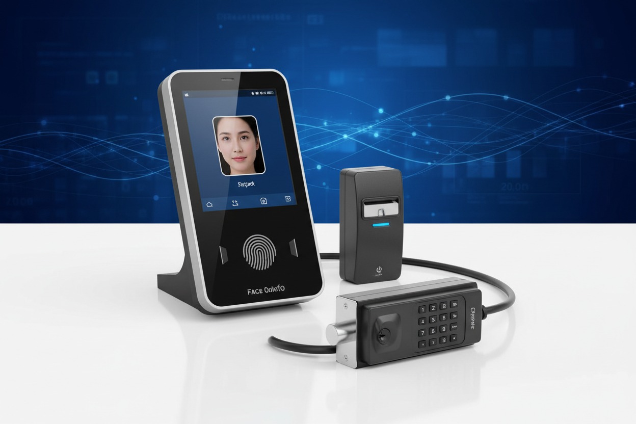 Dispositivo de control de accesos con reconocimiento facial y lector de huellas conectado a un teclado numérico y una cerradura electrónica.