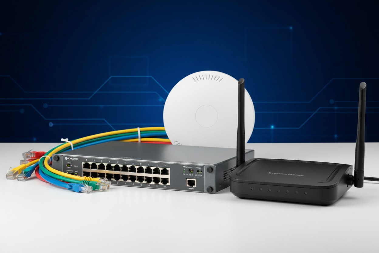 Un conmutador de red gris, un enrutador negro con dos antenas y un punto de acceso blanco están dispuestos sobre una superficie blanca junto a varios cables Ethernet de colores.