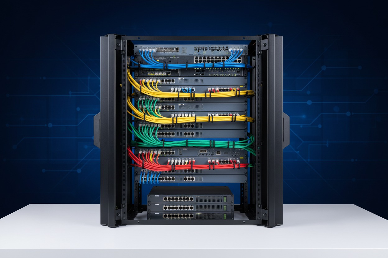 Un rack de servidores negro sobre una mesa blanca con cables de red organizados por colores azul, amarillo, verde y rojo.