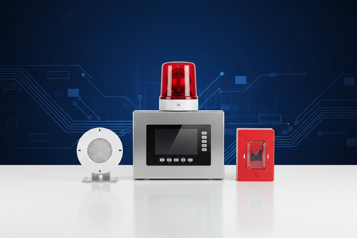 Un sistema de alarma de incendios compuesto por un panel central metálico con una luz estroboscópica roja, un altavoz blanco y un pulsador de alarma rojo sobre una superficie blanca.