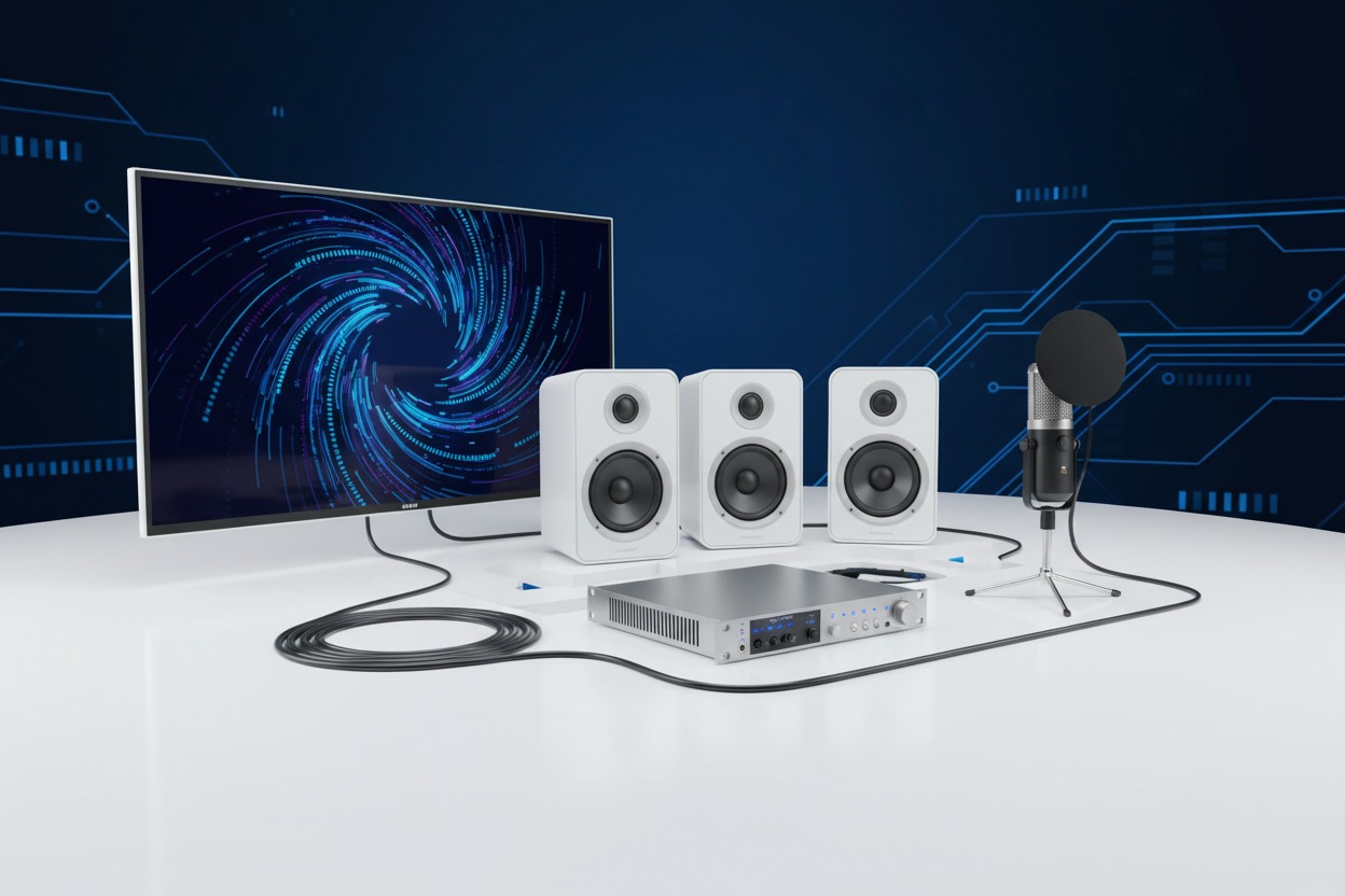 Estudio de grabación con un monitor, tres altavoces blancos, un amplificador plateado y un micrófono con filtro antipop sobre una mesa blanca.