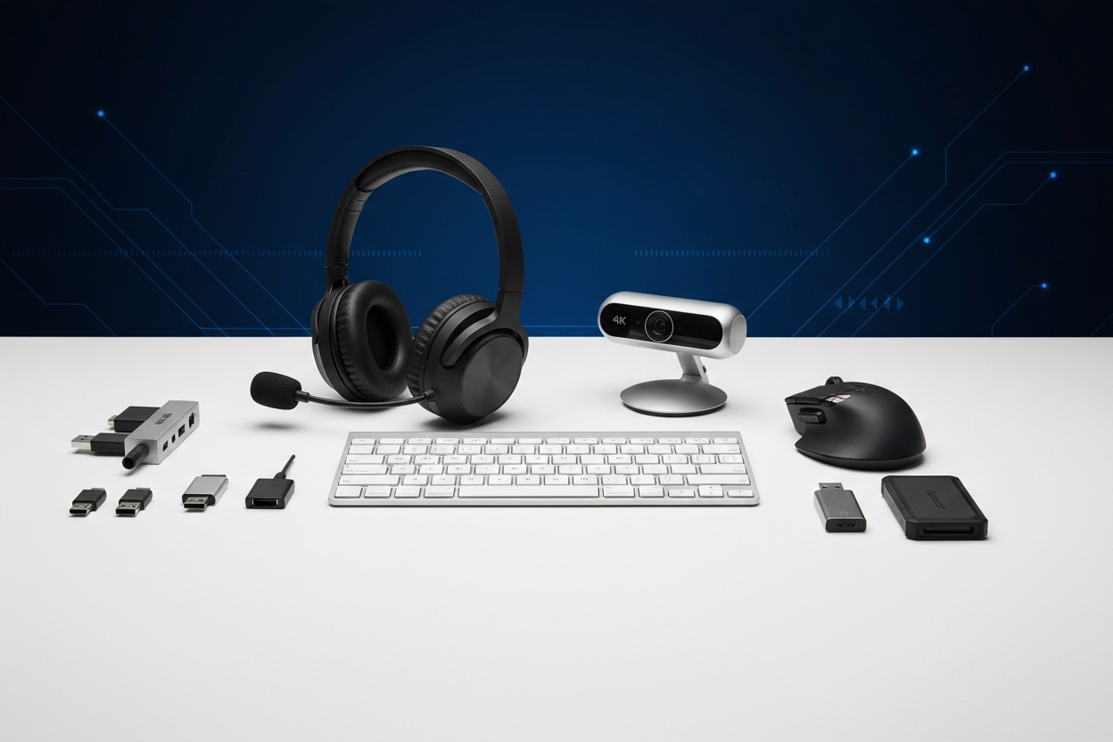Conjunto de accesorios tecnológicos que incluye auriculares con micrófono, cámara web, teclado, ratón, adaptadores y unidades de almacenamiento sobre una superficie blanca.
