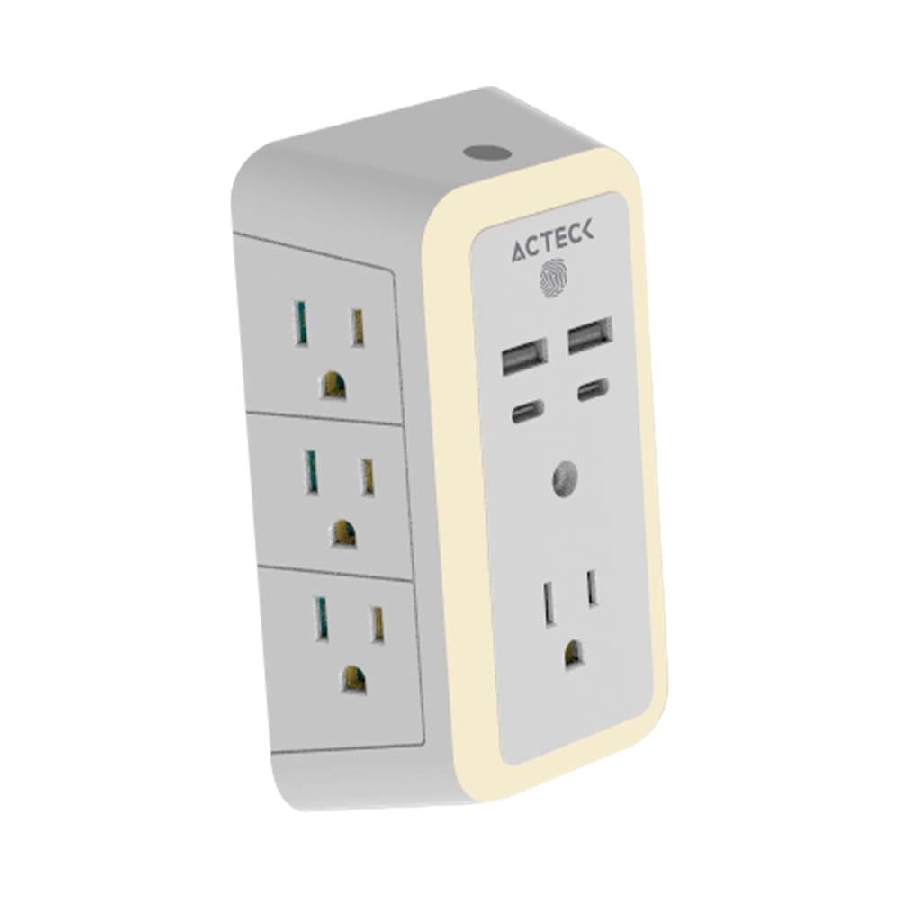 CARGADOR DE PARED ACTECK ENERGON LUMINA CP515 / 11 EN 1 / 7 X TOMACORRIENTE / 2 USB / 2 TIPO C / RESISTENTE AL FUEGO / SUPRESOR DE PICOS 540 J / SENSOR TOUCH / BLANCO /AC-936484