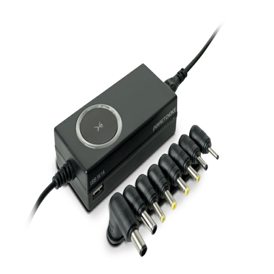 CARGADOR UNIVERSAL INTELIGENTE CON PUNTAS INTERCAMBIABLES Y PUERTO USB PERFECT CHOICE - NEGRO