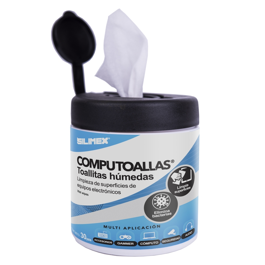 TOALLAS HUMEDAS SILIMEX COMPUTOALLAS 30 PZ ANTIBACTERIALES ANTIESTATICAS PARA USO EXCLUSIVAMENTE EXTERNO DESINTEGRAN GRASA, COCHAMBRE Y POLVO.