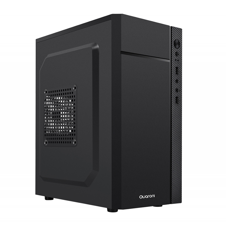 GABINETE QUARONI FRENTE ABS, NEGRO CON FRANJA TIPO FIBRA DE CARBONO, MICRO ATX / MINI ITX, FUENTE DE PODER INCLUIDA DE 500W