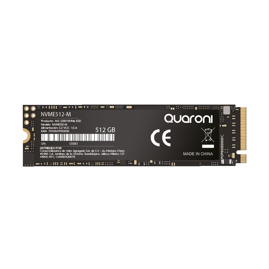 UNIDAD DE ESTADO SOLIDO M.2 NVME QUARONI/512GB/PCIE/3.0X4/LECT 2000MB/S/ESCRIT 1600MB/S