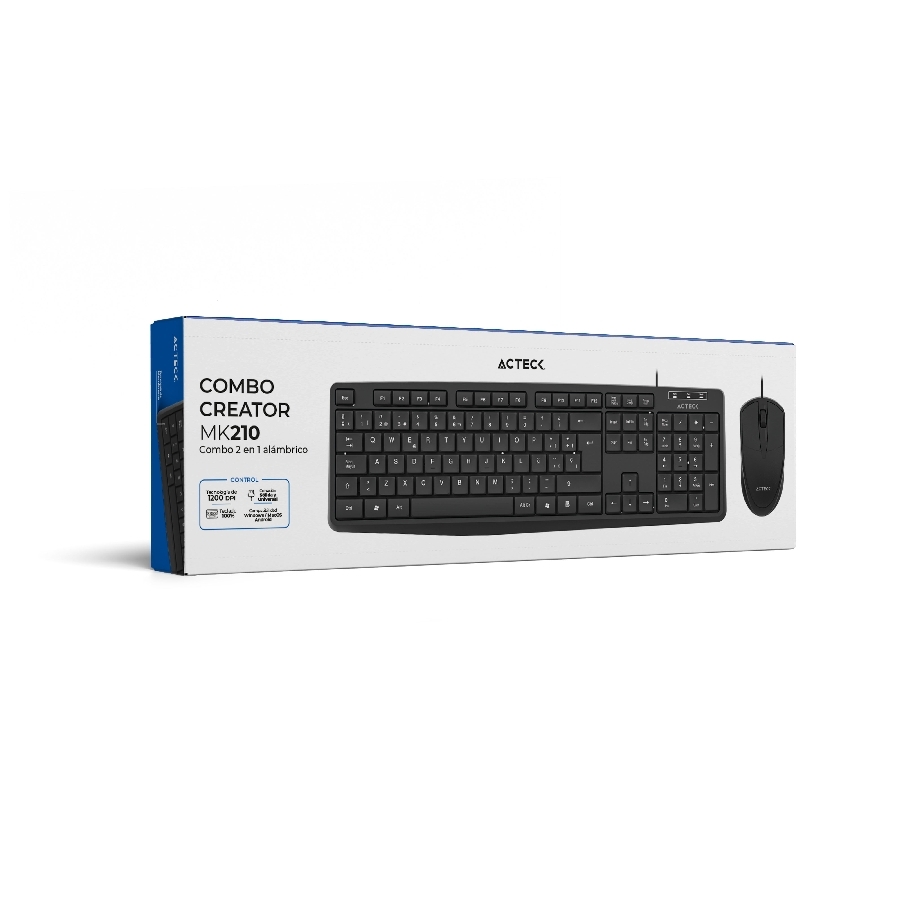 KIT ACTECK CREATOR MK210 / TECLADO Y MOUSE / ALAMBRICO USB / 105 TECLAS / ESPAÑOL / WINDOWS / OPTICO / 2 BOTONES SCROLL / 1000 DPI / NEGRO / AC-928984