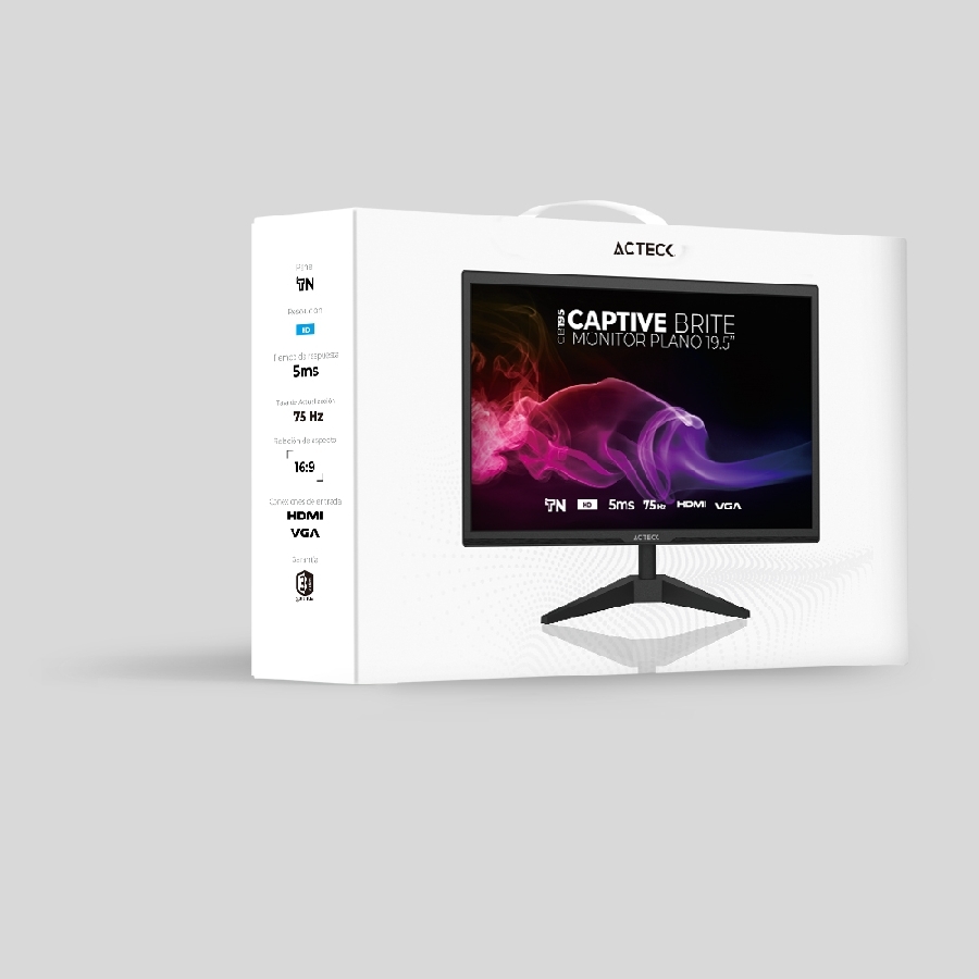 MONITOR ACTECK CAPTIVE BRITE CB195 / 19.5 PUL / PLANO / LED / HD 1600 X 900 / 60 HZ / 5 MS / VGA - HDMI - DC / 5 BOTONES / INCLINACION AJUSTABLE / VESA 75 / NEGRO / AC-939409