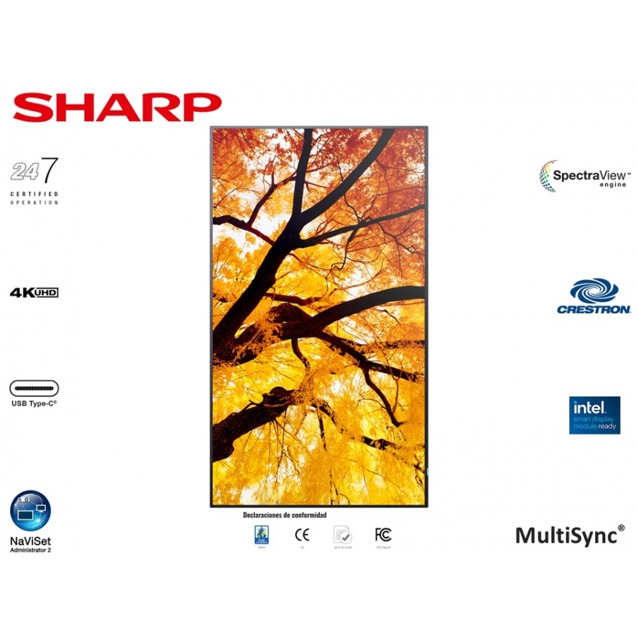MONITOR PROFESIONAL SHARP 65 PN-M652 UHD 3840 X 2160 24/7, 550 CD/M2, 80001, HDMI, DISPLAYPORT HDCP, USB, RJ-45, INTEL SDM Y RPI4