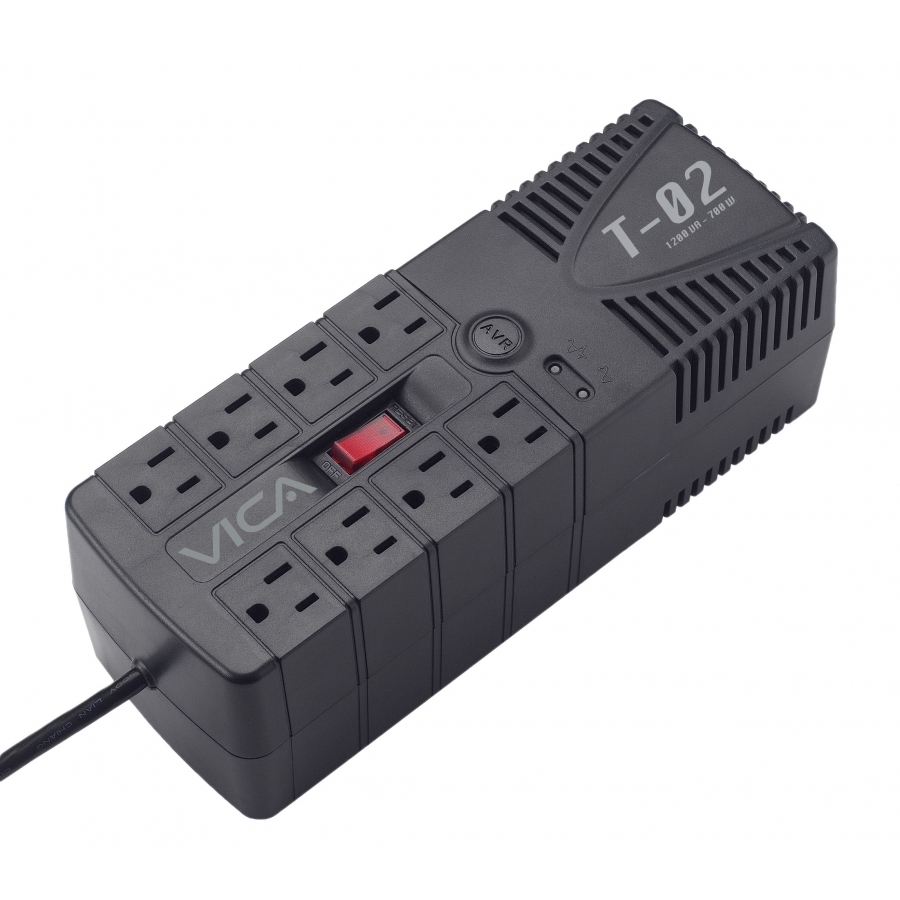 REGULADOR ELECTRONICO DE VOLTAJE VICA T-02 1200VA / 700W, 8 TOMAS NEMA 5-15R REGULADAS Y CON SUPRESOR DE PICOS, PUERTO RJ11, 5 AÑOS DE GARANTIA