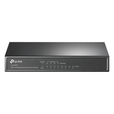 Switch PoE+ No Administrable / 8 Puertos 10/100 Mbps / 4 Puertos PoE 802.3af/at / 66W / Alcance Extendido 250 m (820 pies) / Sin Ventilador