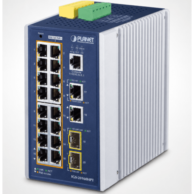 Switch Industrial Administrable / 16 Puertos PoE+ Gigabit / 2 Puertos Gigabit / 2 Puertos SFP / IP30 / -40 a 75°C