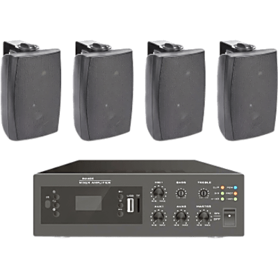 Kit Amplificador de Audio / 240W / Bluetooth FM MP3 / 4 Altavoces de Pared 2 Vías / Sistema 70/100V / Phantom 48V