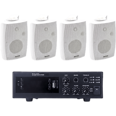 Kit de Amplificador de 120W para Escritorio / 4 Altavoces de Pared 2.5W - 20W / Sistema 70/100V / Bluetooth / USB / FM / XLR con Phantom 48V