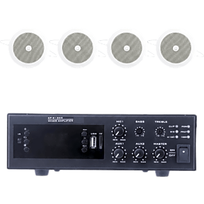 Kit de Sonido para Instalación / Amplificador 120W / 4 Altavoces de Plafón 4" / Sistema 70/100V / Bluetooth y FM
