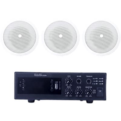 Kit de Sonido Ambiental / Amplificador 120W / 3 Altavoces de Plafón 5" / Sistema 70/100V / Bluetooth y USB / Entrada XLR Phantom 48V