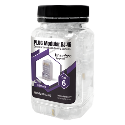 Plug Modular RJ45 / Cat6 Blindado / Chapado Oro 30µ / 23AWG / Sin Pin Tierra / 100 Piezas